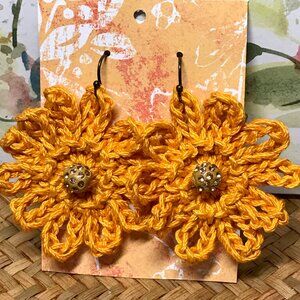 SUNSHINE YELLOW DAISY EARRINGS Hand Crocheted by Me